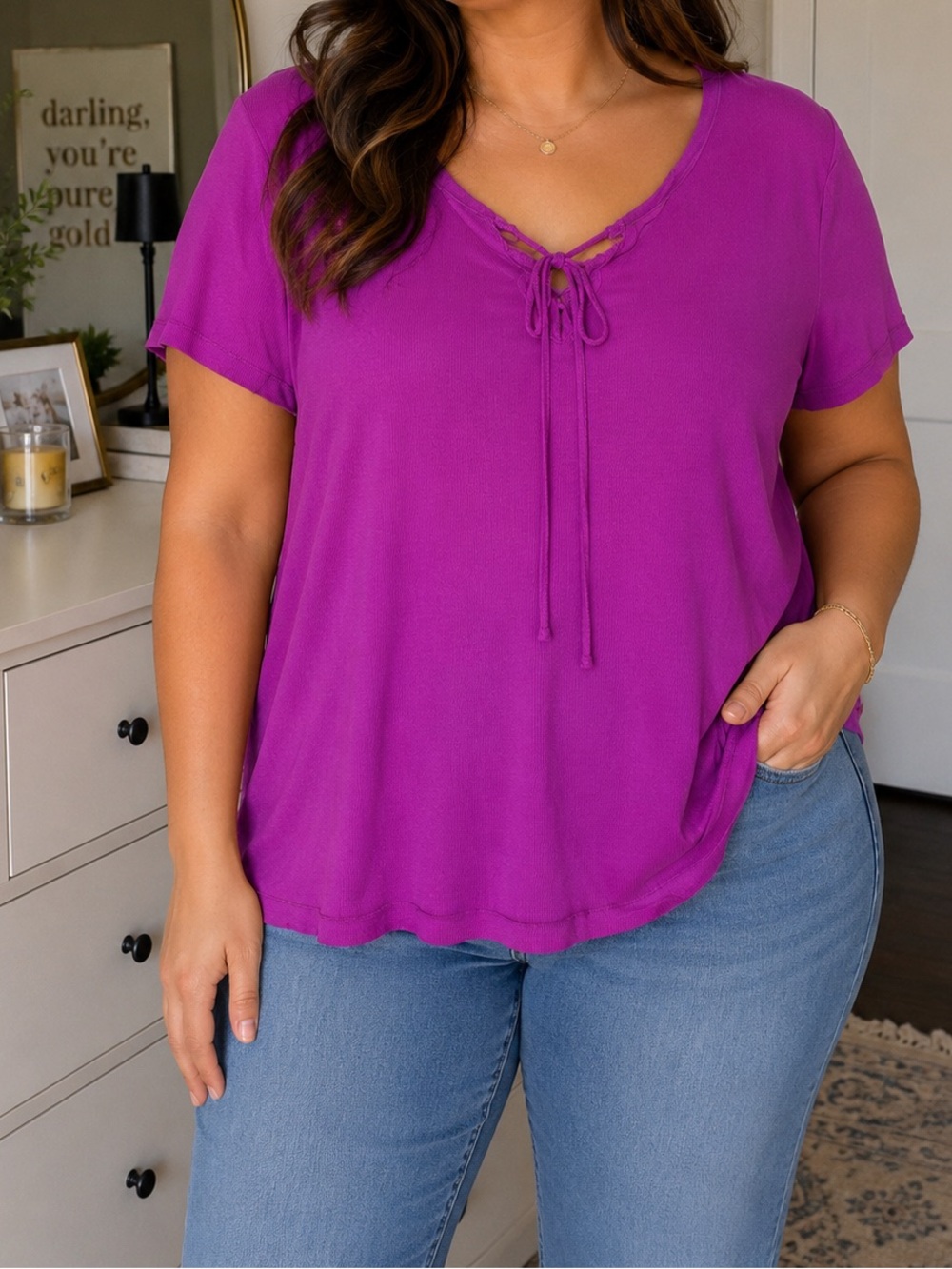 Lauren Ralph Lauren Purple Lace Up Ribbed T-Shirt Size 3X Plus Size